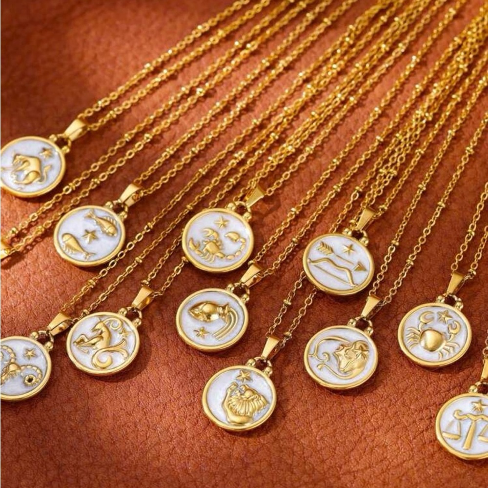 NWT 18k gold plated stainless steel 2 sided mother of pearl zodiac necklace 18”